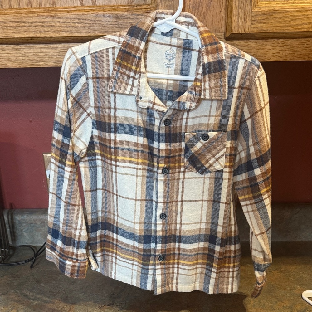 10/$10 Wonder Nation Plaid Button Down Shirt - Cream, Brown, Blue